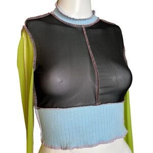 SHEIN Mesh See Through Long Sleeve Crop Top Black Green Size XS